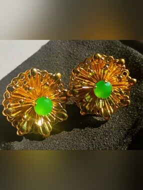 Banana Republic Vintage Gold-Tone Earrings With Central Green Stone (Post Backs)